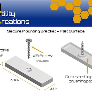 May include: A white, low-profile secure mounting bracket for flat surfaces. The bracket is 2.88 inches long, 0.85 inches wide, and 0.25 inches thick. Includes a #8 screw. The design is recessed to prevent crushing.