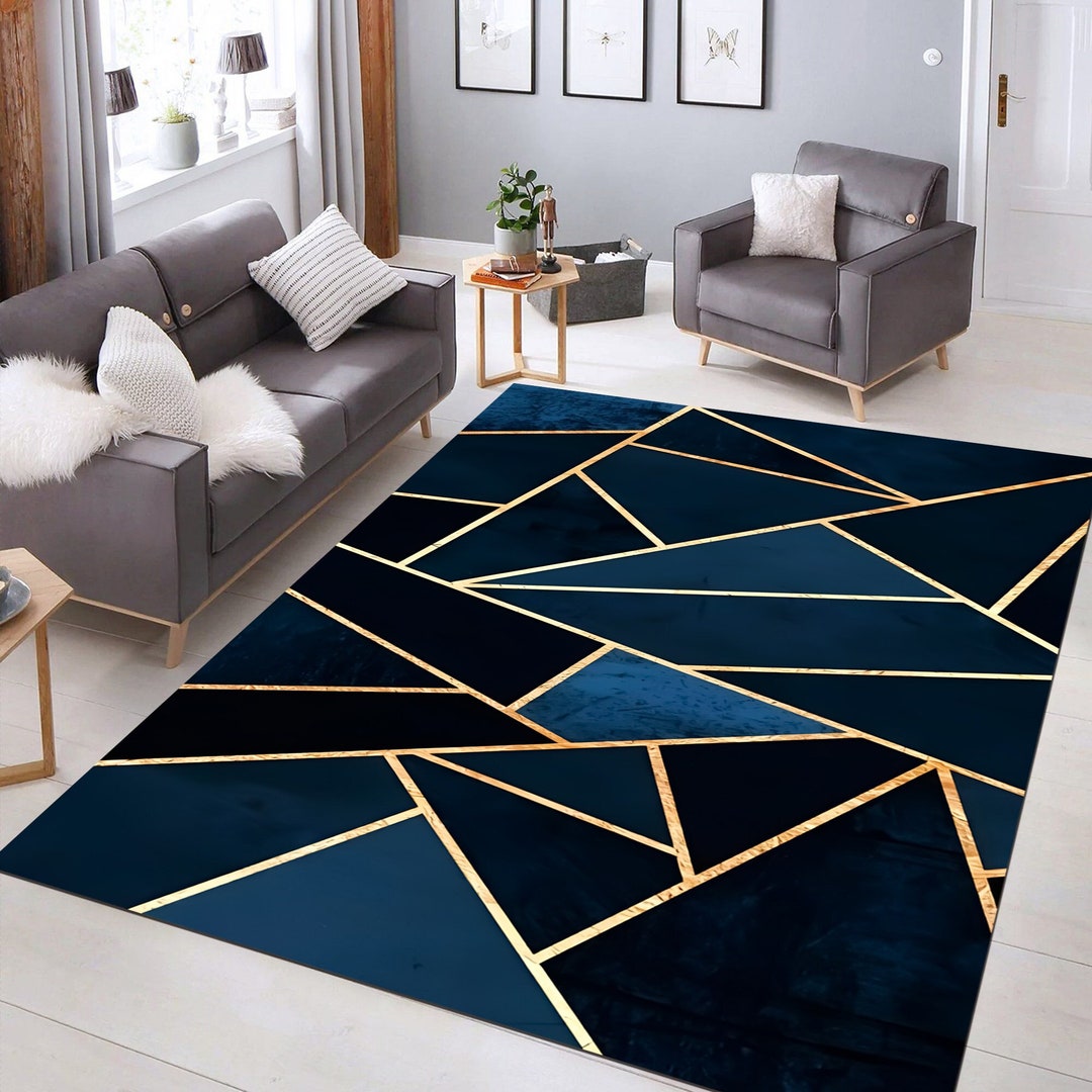 Navy Blue Marble Rug Luxury Marble Rug Blue Rug Modern Etsy