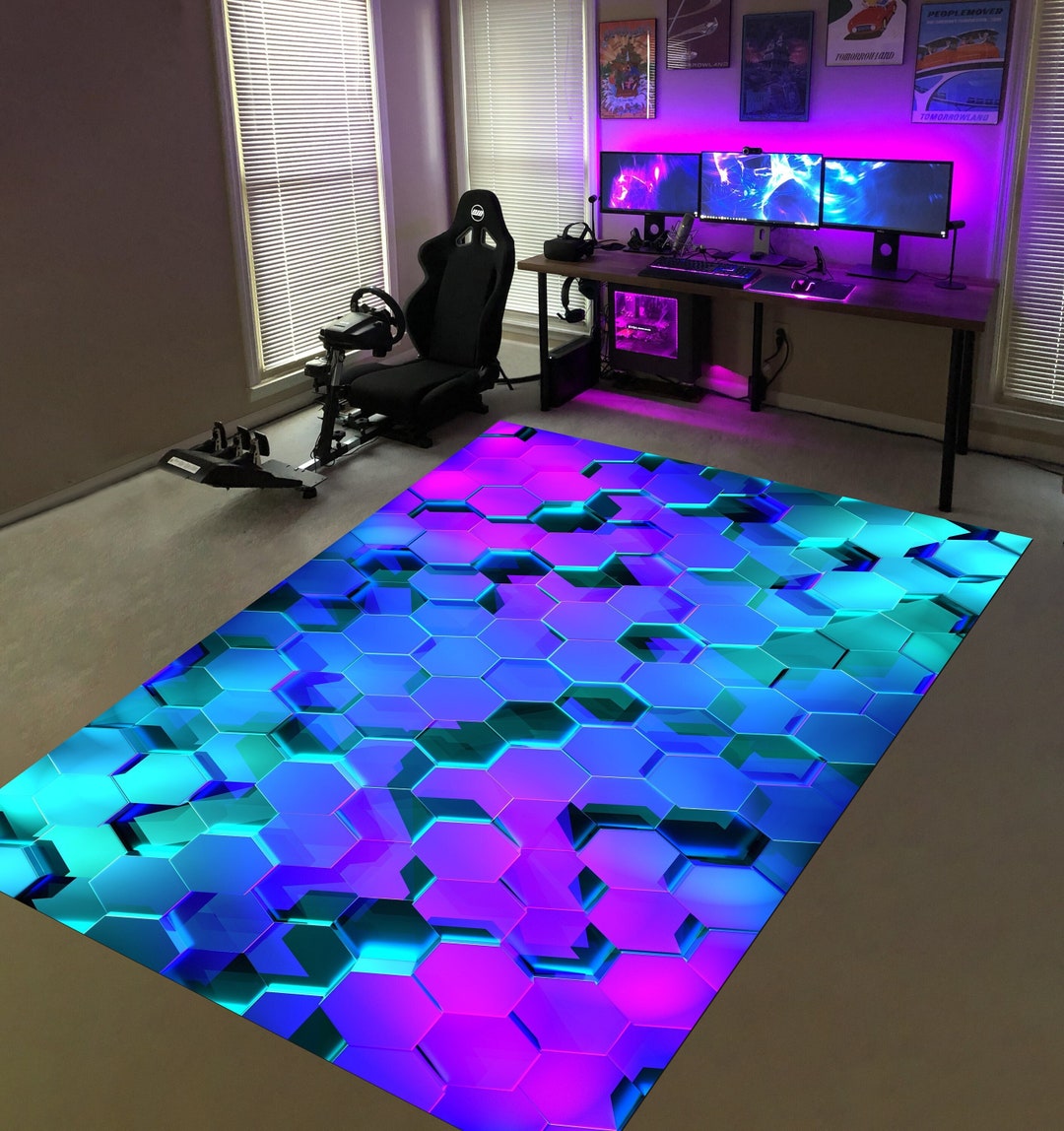 Gamer Rug, Cool Neon Hexagons Rug, Gaming Decor, Esport Rug, Gaming