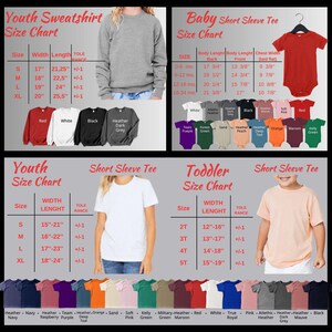 May include: Size charts for youth sweatshirts, baby short sleeve tees, youth short sleeve tees, and toddler short sleeve tees. Charts display sizes, width, length, and colour options for various apparel.