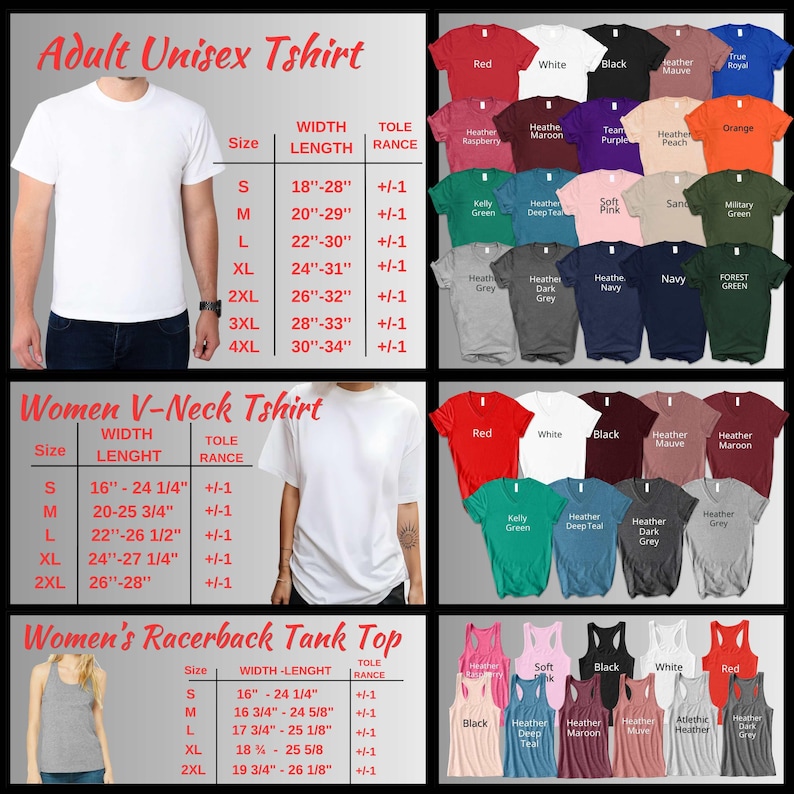May include: Image featuring a selection of t-shirts and tank tops in diverse colours. Includes Adult Unisex T-shirts, Women's V-Neck T-shirts, and Women's Racerback Tank Tops. Size charts are shown, with measurements in inches, equivalent to cm.