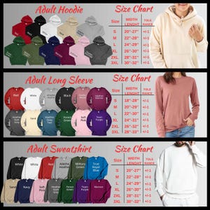 May include: A selection of adult hoodies, long-sleeves, and sweatshirts in a range of colors, such as red, black, white, and navy. Each style has a size chart with measurements in inches. The image also shows examples of the clothing being worn.