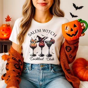 Camiseta del club de cócteles de brujas de Salem, camiseta de fiesta de Halloween, camiseta de bebida de temporada espeluznante, regalo de Halloween para ella, camiseta de Halloween de moda, camiseta de bruja