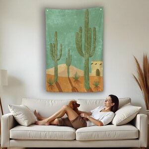 Wüstenkaktus Leinwandteppich, Boho-Wandkunst des Südwestens, erdige Töne, westliche Landschaftsleinwand, ruhige, von der Natur inspirierte Wohnkultur