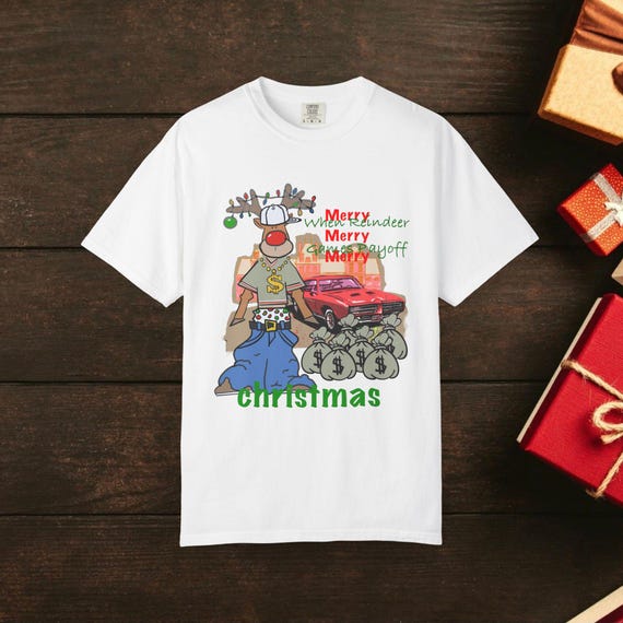 トナカイゲーム面白いクリスマスユニセックスTシャツ、手描きの職人T 