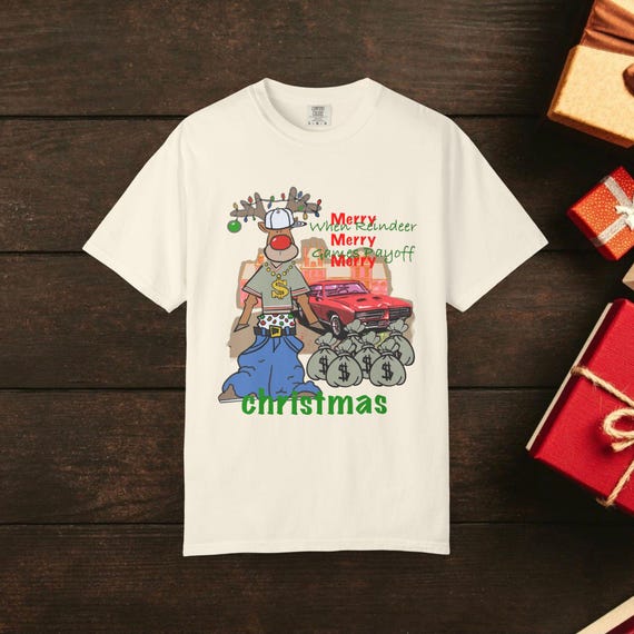 トナカイゲーム面白いクリスマスユニセックスTシャツ、手描きの職人T