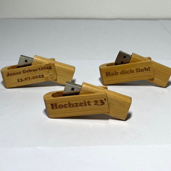 3x USB-Stick Bambus 16GB, individueller gravierter Holz-USB Stick, mit Logo oder Text graviert