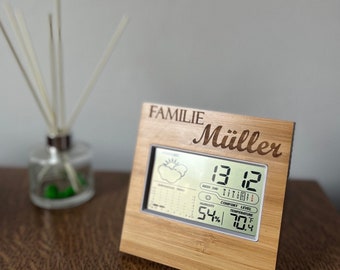 Personalisierte Wetterstation aus Bambus, Personalisiertes Weihnachtsgeschenk/ Wichtelgeschenk, mit Temperatur- und Feuchtigkeitssensoren