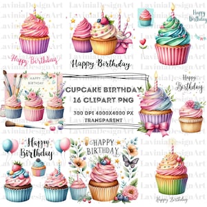 Cupcake Birthday Clipart | Cupcake Watercolor | Cupcake PNG | Happy Birthday clipart | Happy Birthday PNG