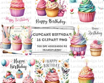 Cupcake Birthday Clipart | Cupcake Watercolor | Cupcake PNG | Happy Birthday clipart | Happy Birthday PNG