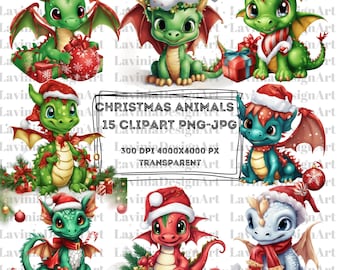 Watercolor Cute Christmas Fantasy Dragon Clipart, PNG-JPG Format Baby Dragon,Dragon Fantasy Clipart, Christmas Clipart, Winter clipart