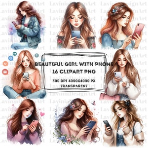 Schönes Mädchen Mit Telefon Clipart Aquarell | Mit Telefon Clipart | Telefon Clipart | Süßes Mädchen Clipart | Schönes Mädchen PNG