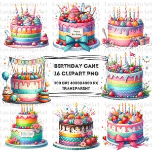 Clipart de gâteau d'anniversaire aquarelle | Gâteau PNG | Gâteau coloré | Anniversaire | Haute qualité | Utilisation commerciale | Téléchargement numérique