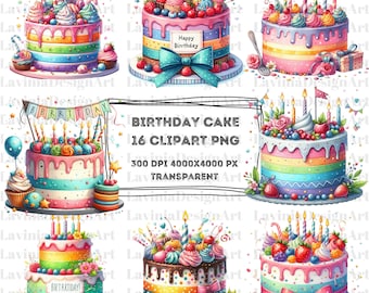 Watercolor Birthday Cake PNG Clipart Bundle, Scrapbooking (digital ...