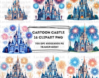 Cartoon Castle Watercolor Clipart | Castle Clipart | Castle Watercolor | Castle PNG | Cartoon Cinderella Castle | Digital Download