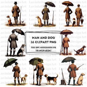 Man And Dog Clipart | Dog Clipart | Vintage Man Watercolor | Man&Dog Watercolor | Man and Dog PNG | Digital Download