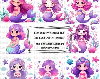 Child Mermaid  Watercolor Clipart | PNG | Digital Download | Cute Mermaid Sea Animals Clipart | Mermaid | Birthday | Nursery