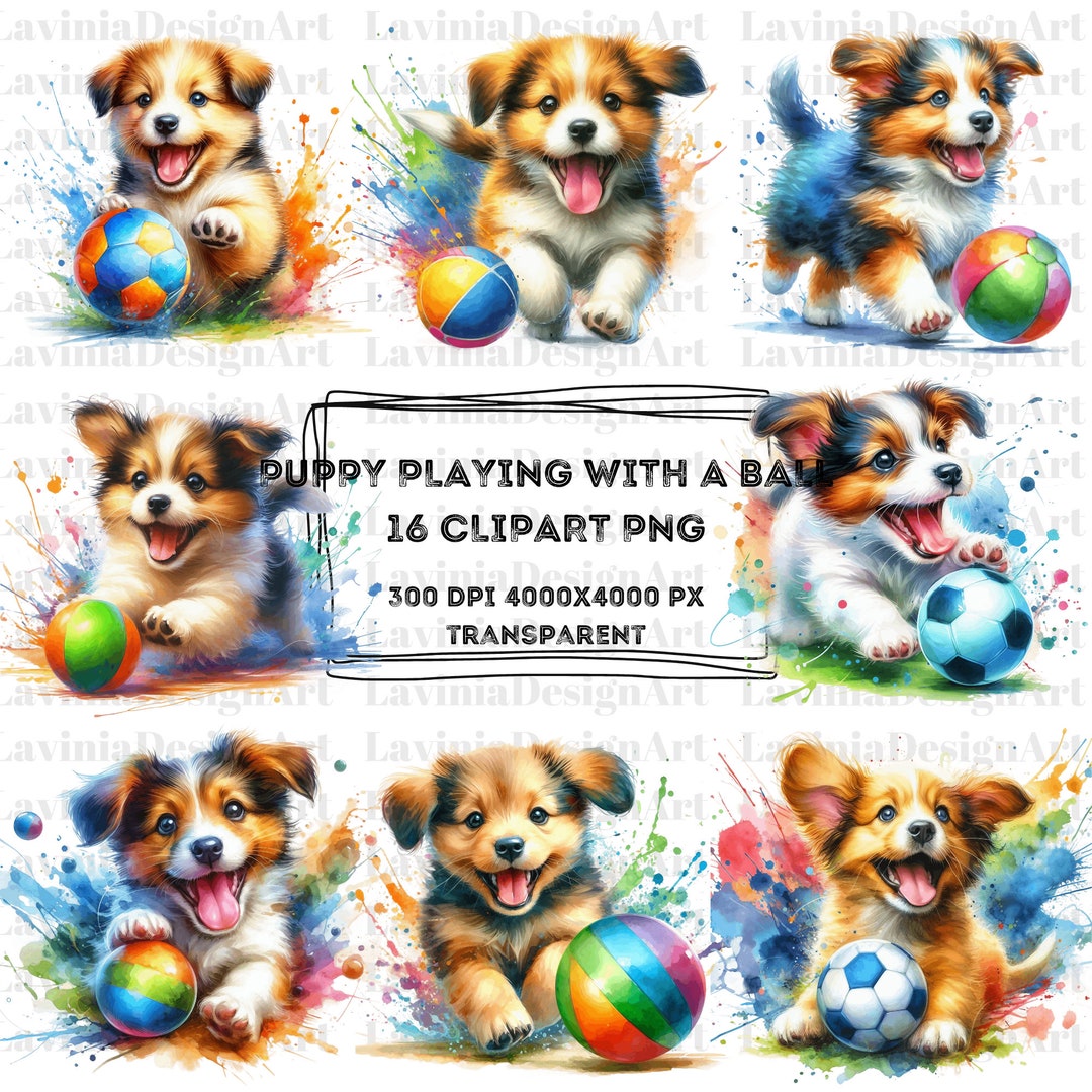 Puppy Playing With a Ball Watercolor | Puppy Clipart | Puppy Play Ball ...