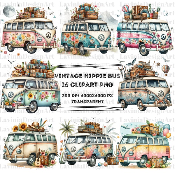 Vintage Hippie Bus Clipart | Vintage Bus Watercolor | Car Clipart | Car Watercolor | Bus Png | Car Png | Digital Download | Vintage Car