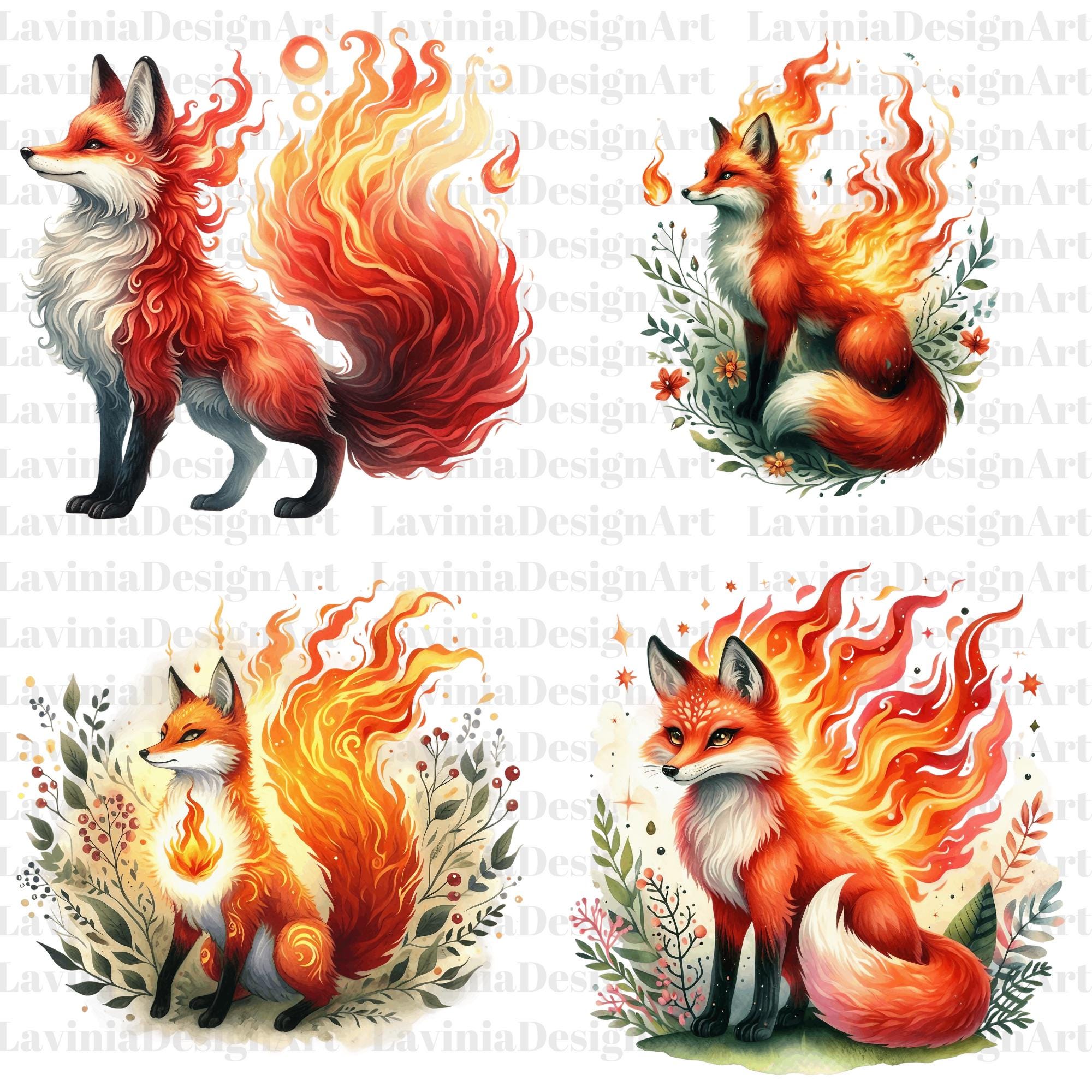 Watercolor Fire Fox Clipart | Fire Fox Clipart | Fox Watercolor | Fire ...