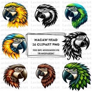 Könnte beinhalten: Ein Set mit 16 digitalen Clipart-Bildern eines Ara-Kopfes in verschiedenen Farben, darunter Gelb, Blau, Grün, Schwarz und Braun. Die Bilder sind 300 DPI und 4000x4000 Pixel groß und transparent.