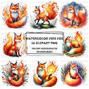 Może przedstawiać: Zestaw 16 cyfrowych obrazów clipart z akwarelowymi ilustracjami ognistych lisów. Lisy są przedstawione w różnych pozach, otoczone płomieniami i roślinnością. Obrazy mają rozdzielczość 300 DPI i rozmiar 4000x4000 pikseli.