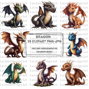 Watercolor Colourful Fantasy Dragon Clipart | Dragon PNG-JPG | Dragon Clipart | Watercolor Dragon Clipart | Kawaii Dragon Fantasy Clipart