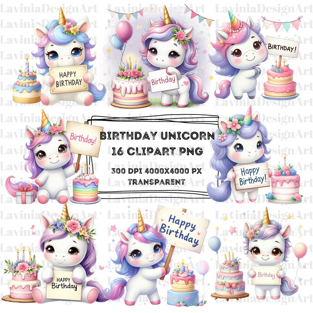 Happy Birthday Unicorn Clipart Watercolor | Unicorn Clipart | Happy ...