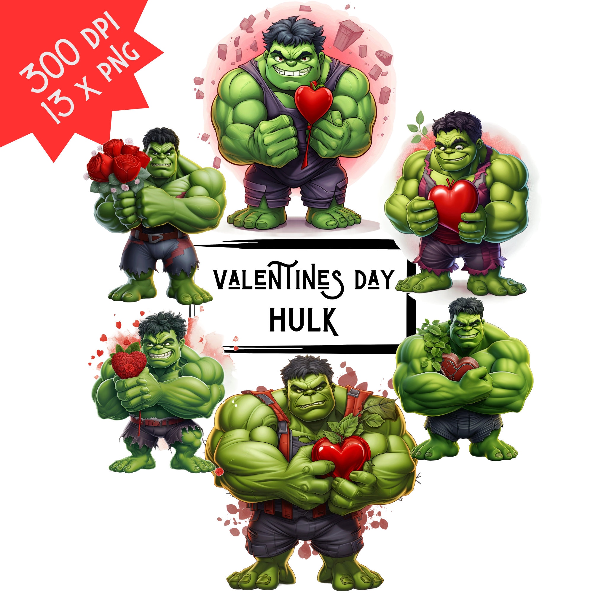 Watercolor Valentine's Day Hulk Clipart Bundle Super Hero Clipart Valentines Day Clipart Easy ...