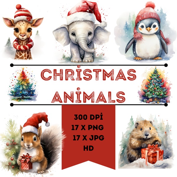 Christmas Animals Watercolor Clipart Bundle-17 PNG-JPG Festive Animal Holiday Images with Santa Hats Instant Digital Download,Commercial Use