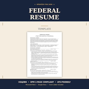Könnte beinhalten: Eine marineblaue und beige Lebenslaufvorlage mit den Worten "FEDERAL RESUME" in großen weißen Buchstaben. Die Vorlage enthält den Text "UPDATED FOR 2026" und "TEMPLATE". Der Lebenslauf ist USAJOBS, OPM 2-PAGE COMPLIANT und ATS-FRIENDLY.