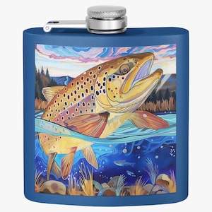 Stainless Steel Flask, 6oz Fishing Flask, Outdoorsman Accessory, Camping Gear, Fisherman Gift,  Fisherman Beverage Holder, Trout Flask Gift