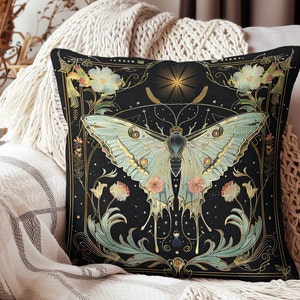 Luna Moth Pillow, Mystical Home Decor, Moth Lover Gift, Art Nouveau, Gift for Her, Home Decor, Cottagecore, William Morris Style Decor, Moth