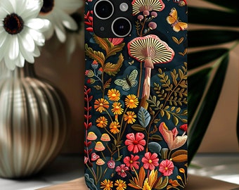 Magnetic iPhone Case, Mushrooms and  Wildflowers Phone Cover, Dark Cottagecore MagSafe Compatible Case