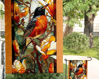 Stained Glass Style Robin Garden Flag: Spring Home Decor, Yard Banner, Porch Flag