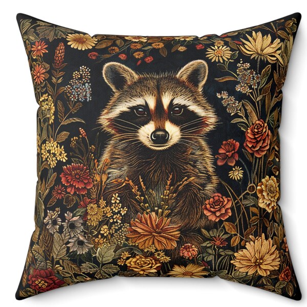 Racoon Pillow William Morris Inspired, Cottagecore Pillow, Vintage Home, Home Decor, Victorian Floral,  Art Nouveau Decor, Woodland Animals