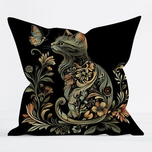 Faux Suede Cat Pillow, Cat Decor, Accent Pillow, Toss Pillow, Cat Decor, Boho Home Decor, William Morris, Home Decor, Gift for Cat Lover
