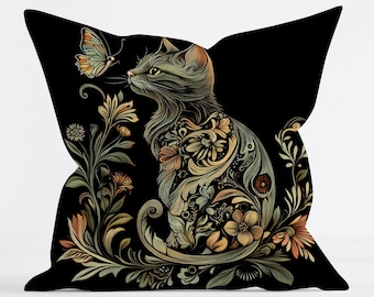 William Morris Style Cat Pillow: Faux Suede Boho Home Decor