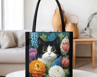 Tote Bag: Whimsical Tucedo Cat in Garden Polyester Shopping Bag, Cat Lover Gift