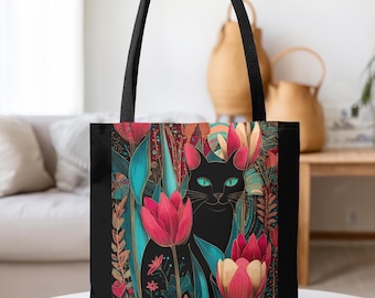 Whimsical Cat Floral Tote Bag: Polyester Shopping Bag, Black Cat Lover Gift