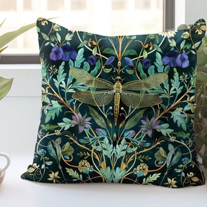 Dragonfly Throw Pillow, William Morris Style Decorative Accent Pillow, Nature-Inspired Home Decor, Boho Style Sofa Cushion, Dragonfly Decor