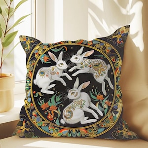 Whimsical Bunnies Pillow, Cute Bunny Decor, Wildlife Accent Pillow, Animal Lover Gift, Home Decor, Bavarian Bunny Art, Rabbit Decor, Rabbits