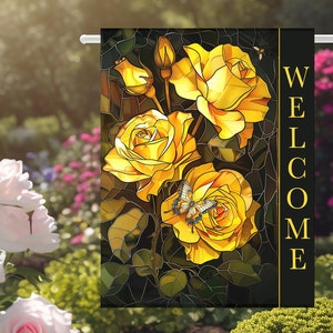 Bandera de jardín de rosas, bandera floral de vitrales, bandera de jardín floral, regalo de rosas amarillas, bandera de primavera, decoración del hogar, bandera de jardín, regalo del día de la madre,