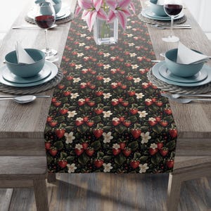 Table Runner, Strawberries and Blooms Dark Cottagecore Floral Tablecloth, Kitchen Linens, Dining Table Centerpiece, Fruit Themed Tablecloth