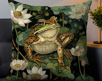 Frog Pillow William Morris Inspired Cottage Core, Forest Core, Vintage Floral, Art Nouveau, Victorian Floral, Woodland Animals Home Decor