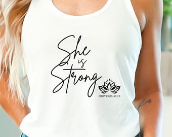 Racerback Tank Top, She is Strong, Women's Workout Apparel, Womens Fitness Shirt, Inspirational Gift for Her, Women's Bible Verse Tank