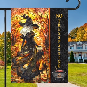 No Tresspassing Halloween Garden Flag, Witch and Child Halloween Banner, Fall Home Decor, Harvest Yard Sign, Trick or Treat Flag, Spooky