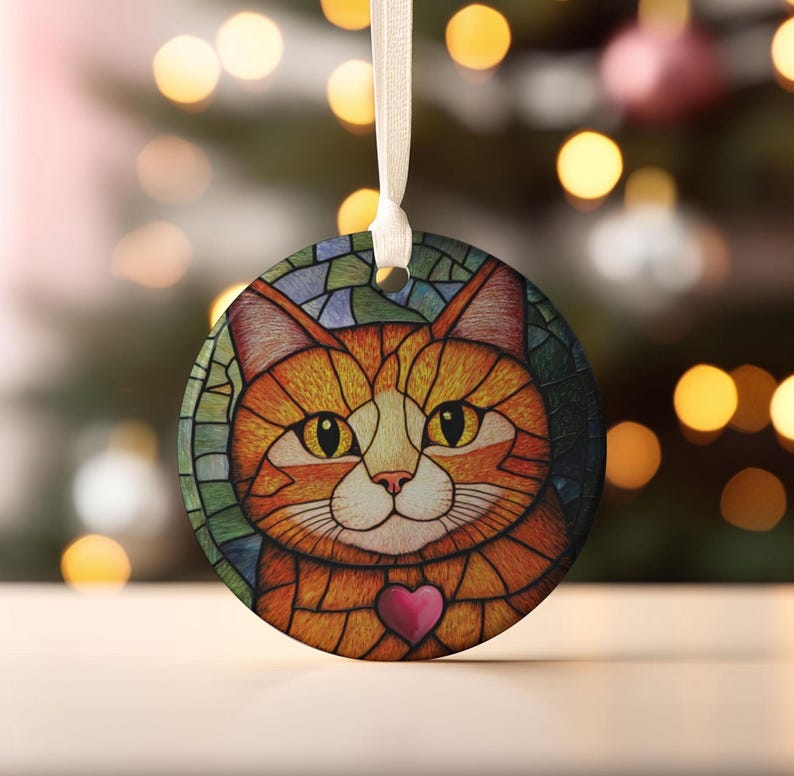 Ceramic Ornament, Stained Glass Style Orange Cat Ornament, Holiday