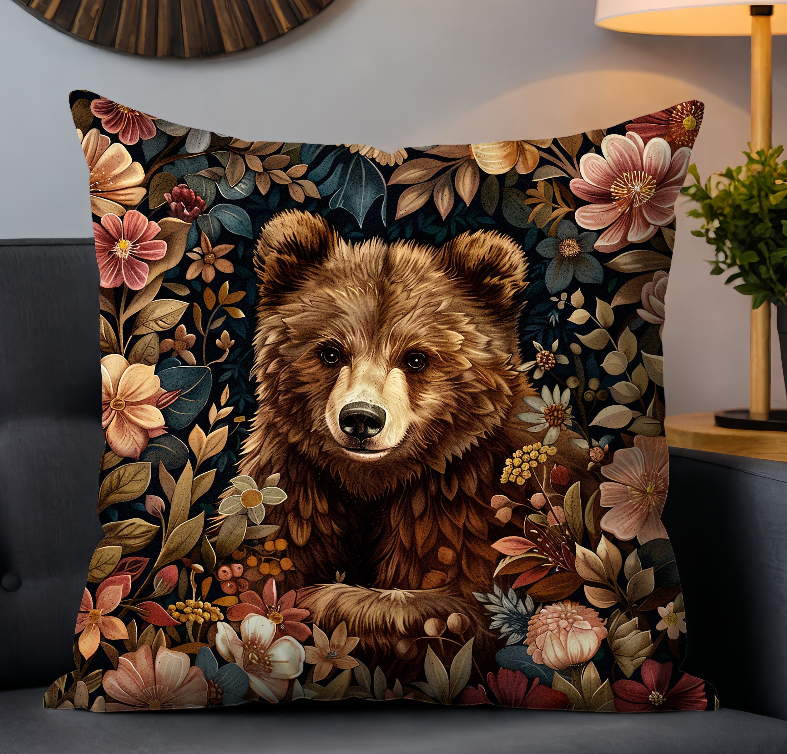 Grizzly Bear Pillow William Morris Inspired Cottagecore Pillow Vintage Floral Art Nouveau Home Decor Victorian Floral Woodland Animals Etsy