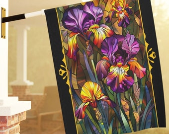 May include: A stained glass style garden flag featuring a colorful design of purple, yellow, and orange irises.